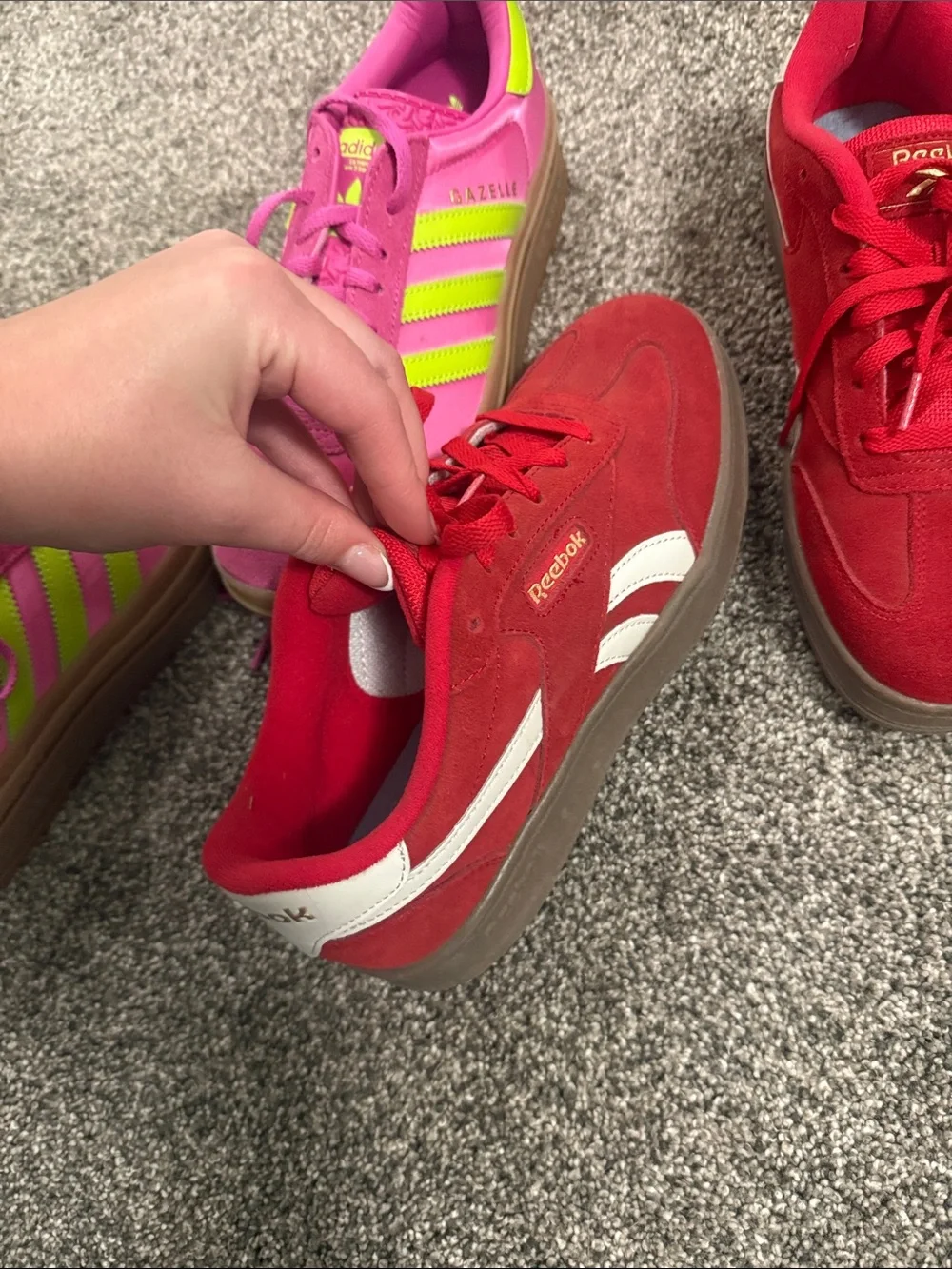 SHOE BUNDLE Adidas Gazelle Women's Pink and Neon Green Sneakers/ Red reebok